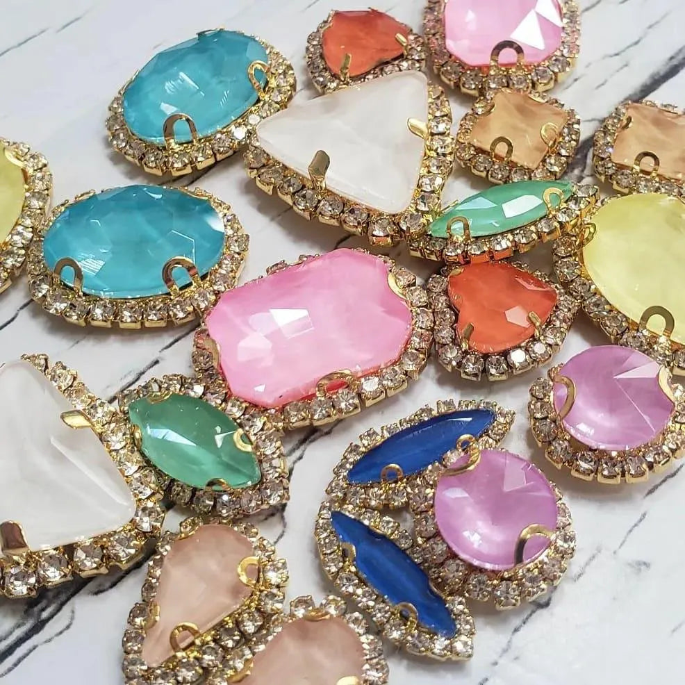 Jelly Mixed Pack Rhinestones with Cupchain Trim- 20 pieces- Sew on Flatback Glass Rhinestones