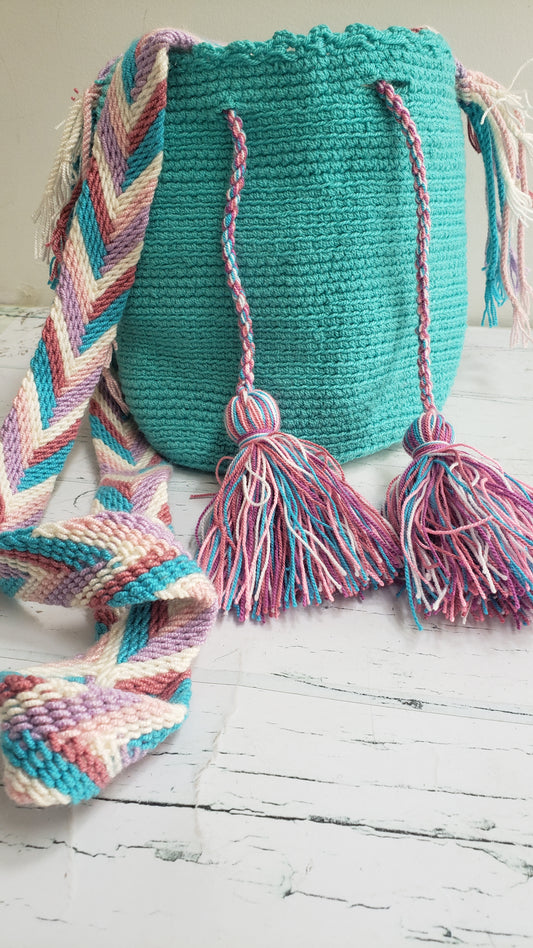 Wayuu Crossbody Mochila- bag SMALL SIZE- Turquiose Strap with Pink, white and purple