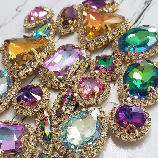 Rainbow AB Pack of Rhinestones with Cupchain Trim- 20 pieces
