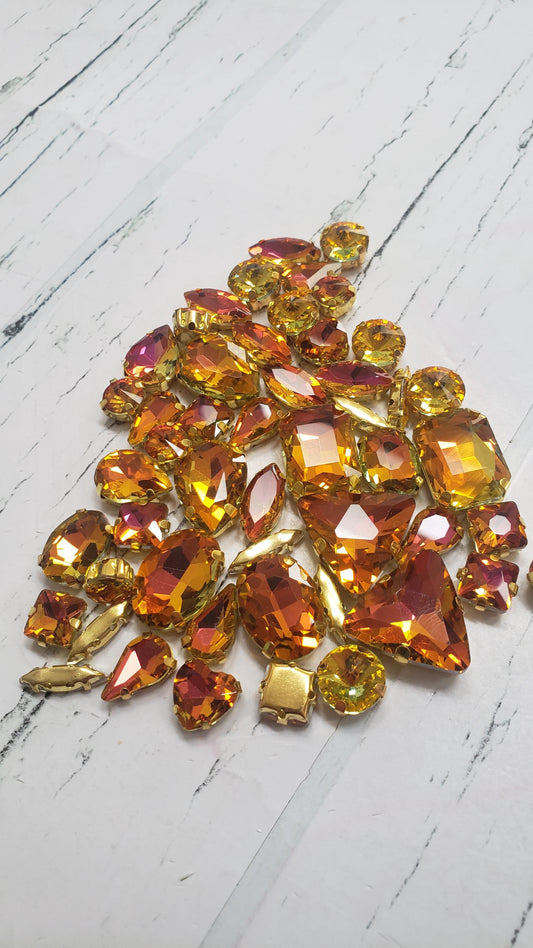 Yellow Rainbow Mixed Pack Rhinestones- 50 pieces- Gold claw